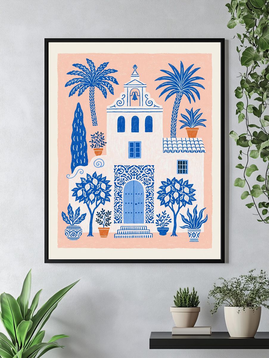 Mediterranean Courtyard Illustration Poster. — room view 4