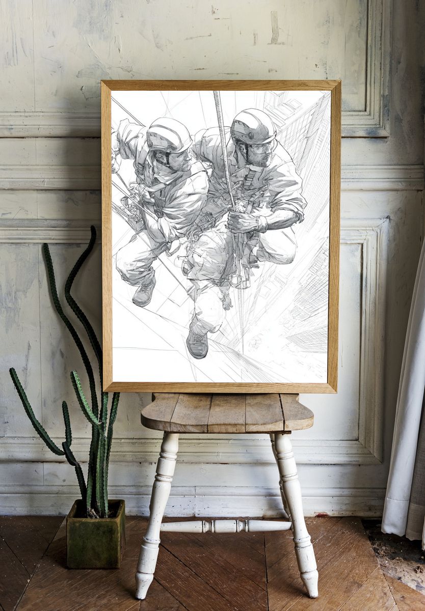 Skyscraper Rope Rescue Illustration Poster. — room view 1