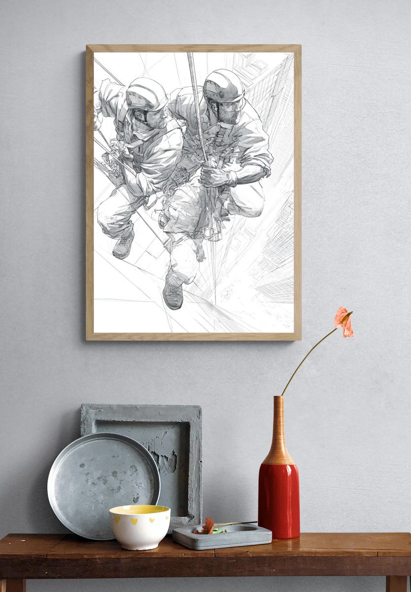 Skyscraper Rope Rescue Illustration Poster. — room view 3