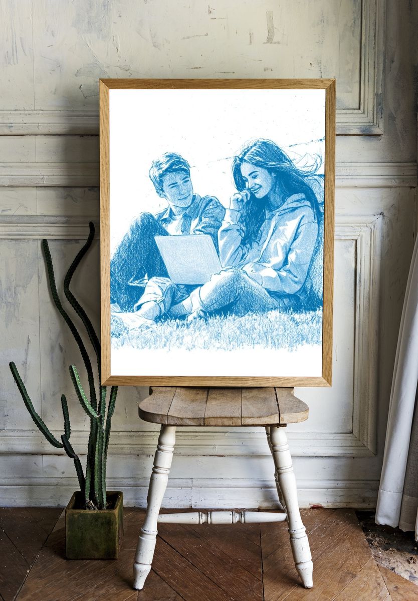 Couple with Laptop Sketch Poster. room preview