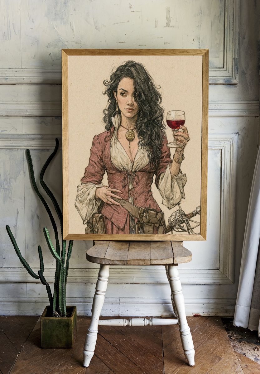 Pirate Woman with Wine Illustration Poster. room preview