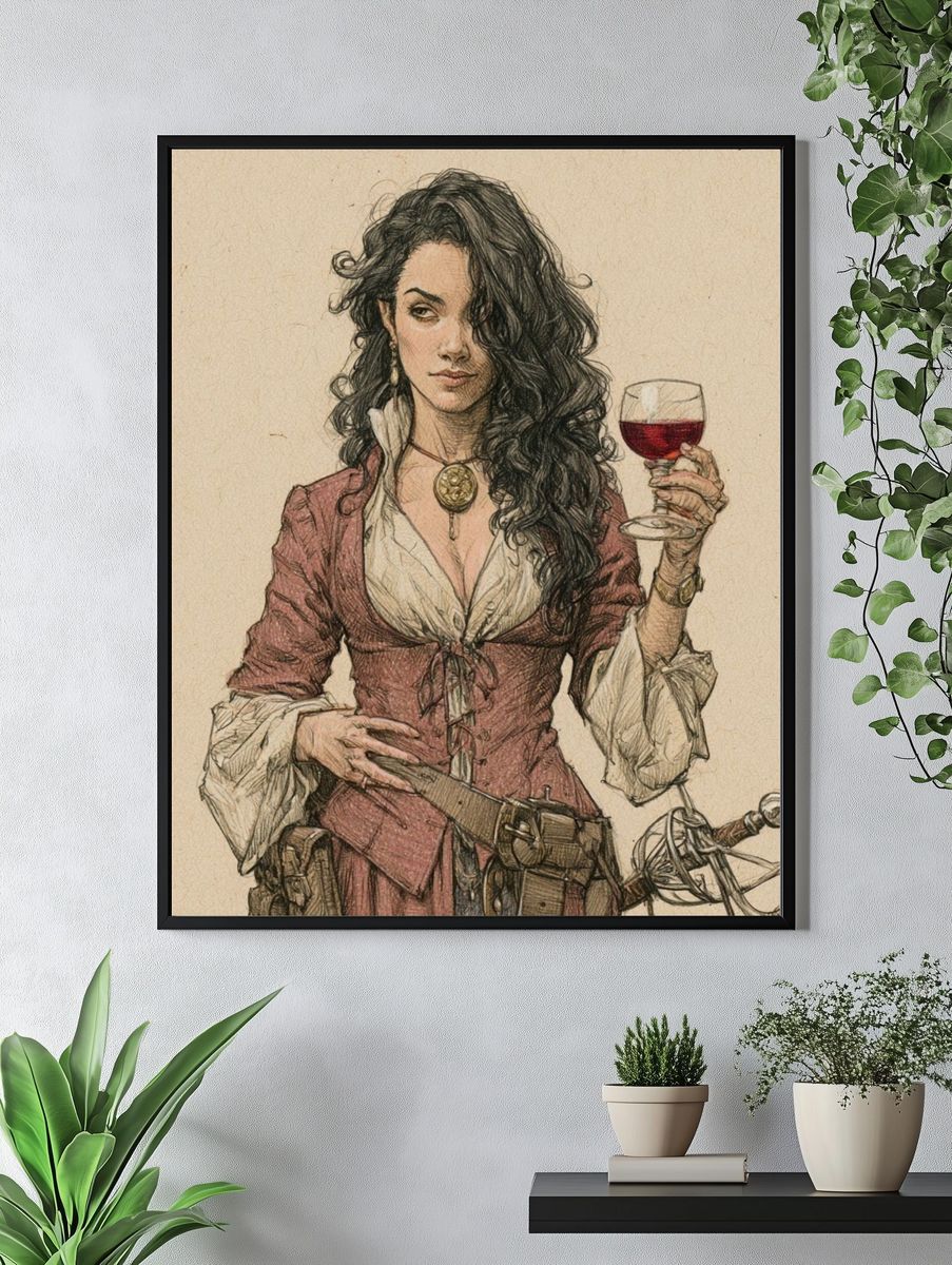 Pirate Woman with Wine Illustration Poster. — room view 4
