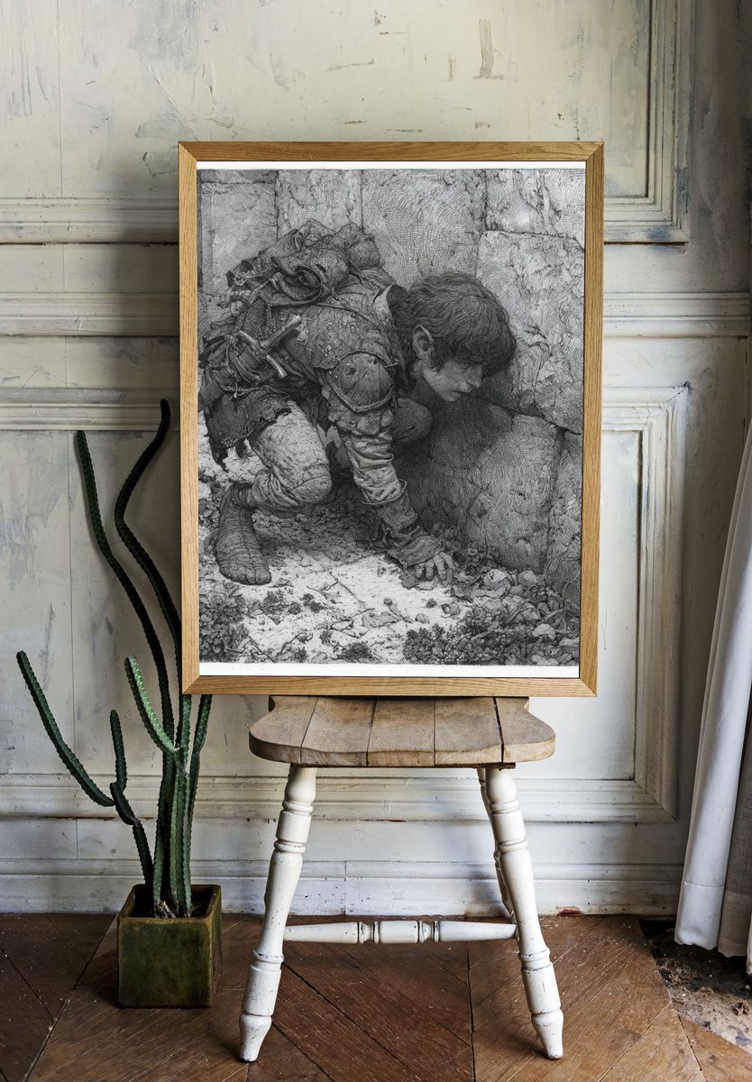 Crouching Scout Ink Print. — room view 1