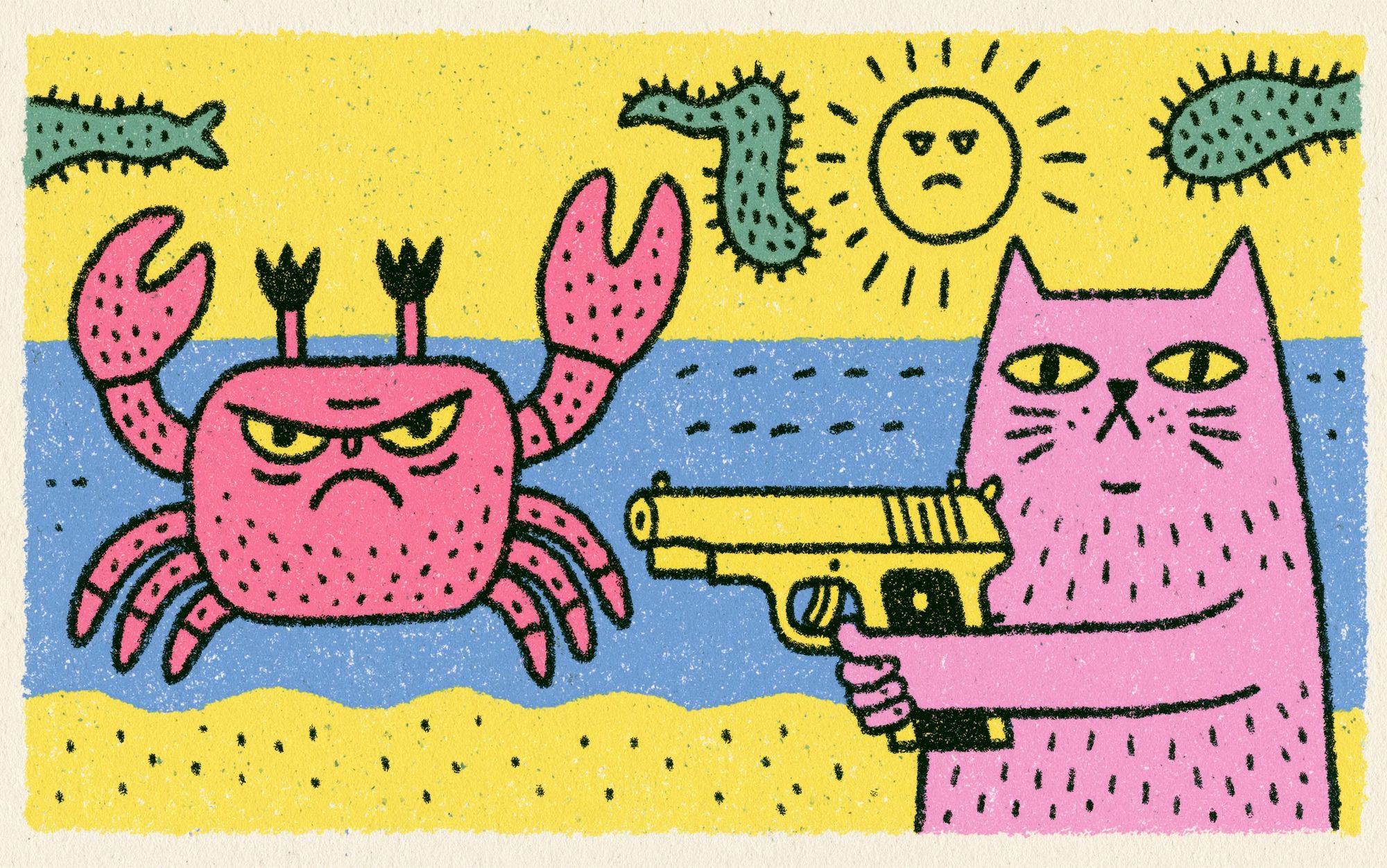 Pink Cat and Crab Cartoon Poster. poster detail
