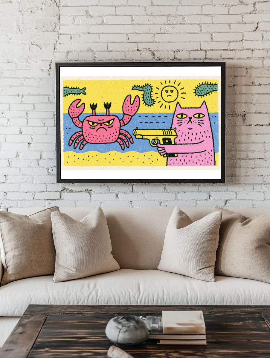 Pink Cat and Crab Cartoon Poster. room preview