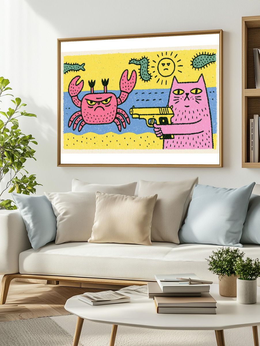 Pink Cat and Crab Cartoon Poster. — room view 2