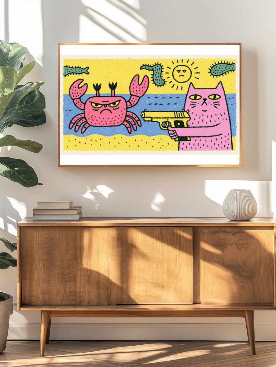 Pink Cat and Crab Cartoon Poster. — room view 3