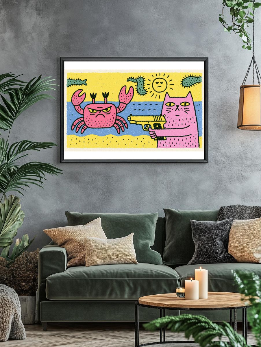 Pink Cat and Crab Cartoon Poster. — room view 4