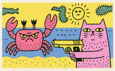 Pink Cat and Crab Cartoon Poster. poster