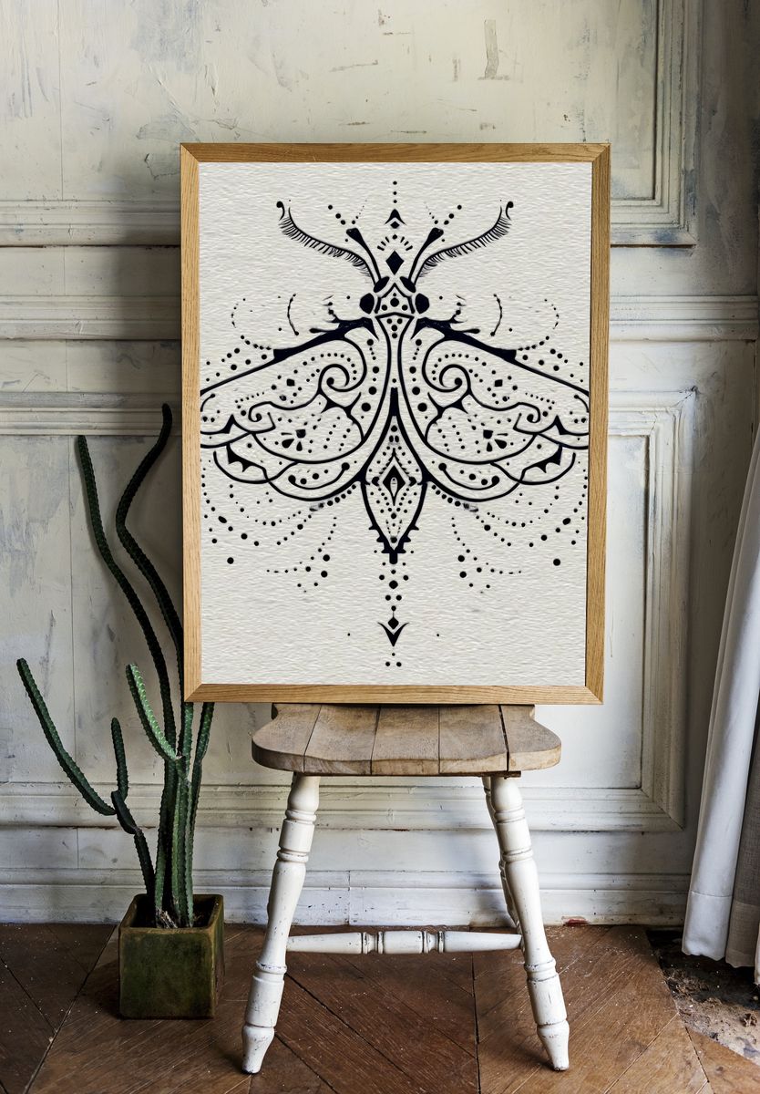 Ornamental Moth Line Art Poster. — room view 1
