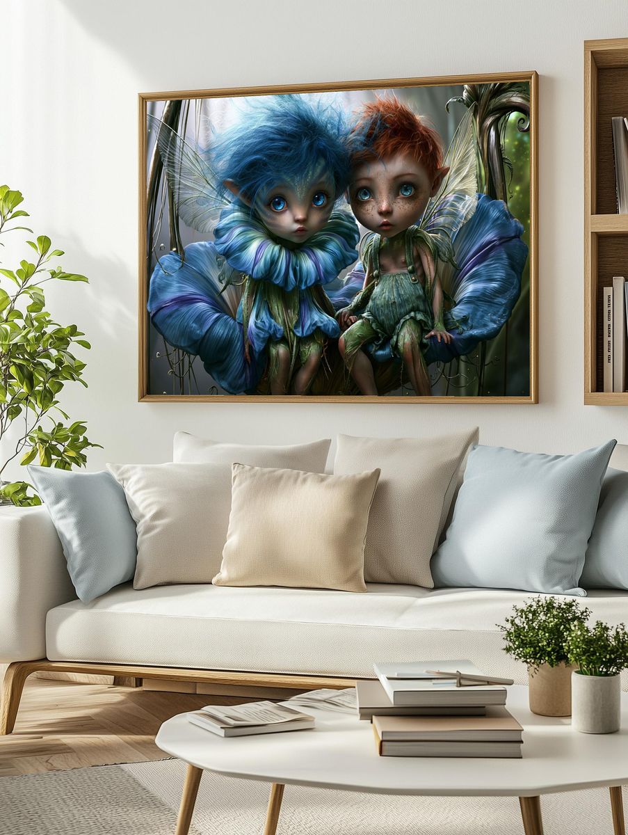 Fantasy Fairy Twins Illustration Poster. — room view 2