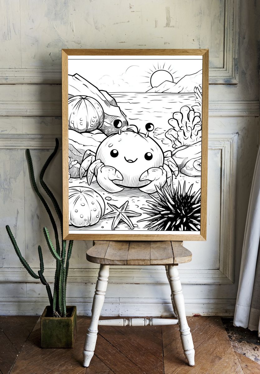 Cute Crab Undersea Coloring Poster. — room view 1