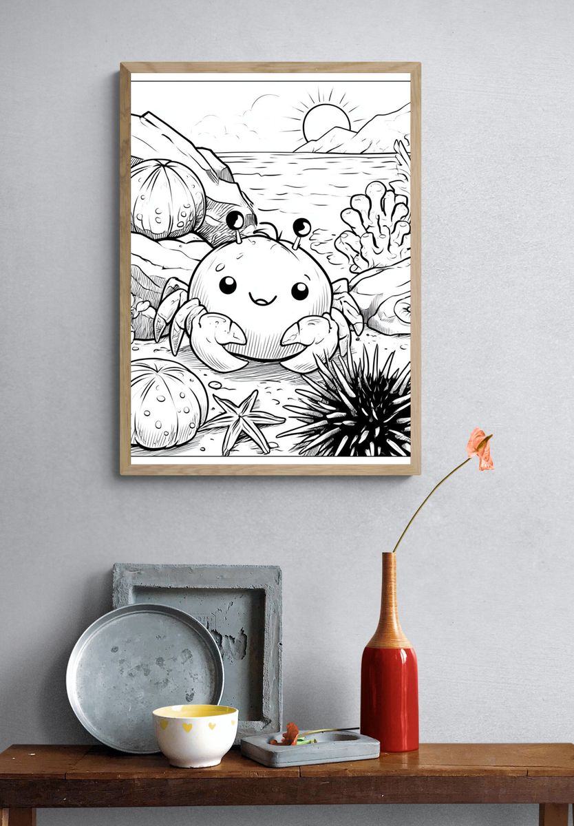 Cute Crab Undersea Coloring Poster. — room view 3