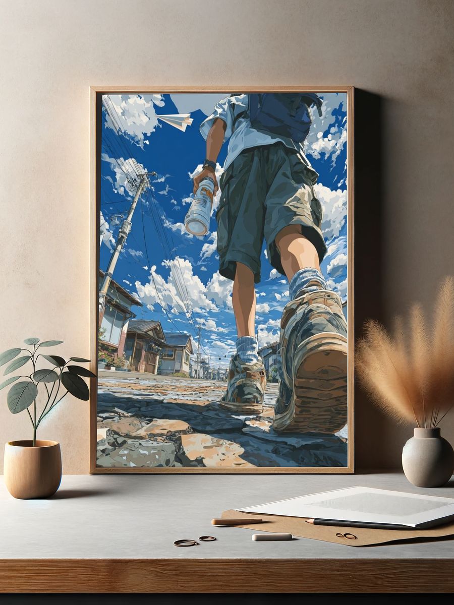 Street Walk Under Blue Sky Poster. — room view 2