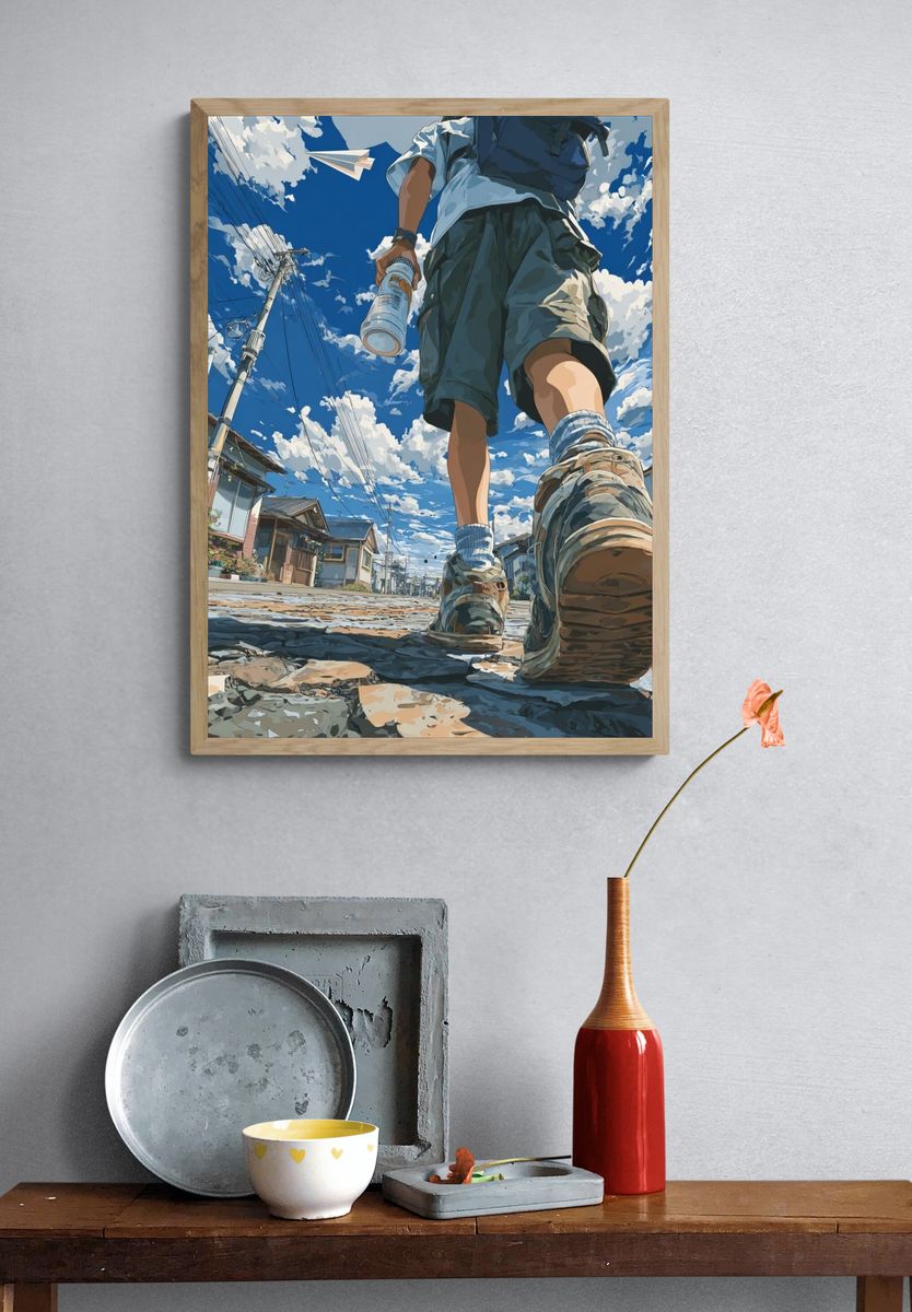 Street Walk Under Blue Sky Poster. — room view 3
