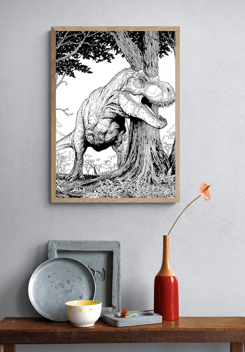 Tyrannosaurus in Forest Illustration Poster. — room view 3
