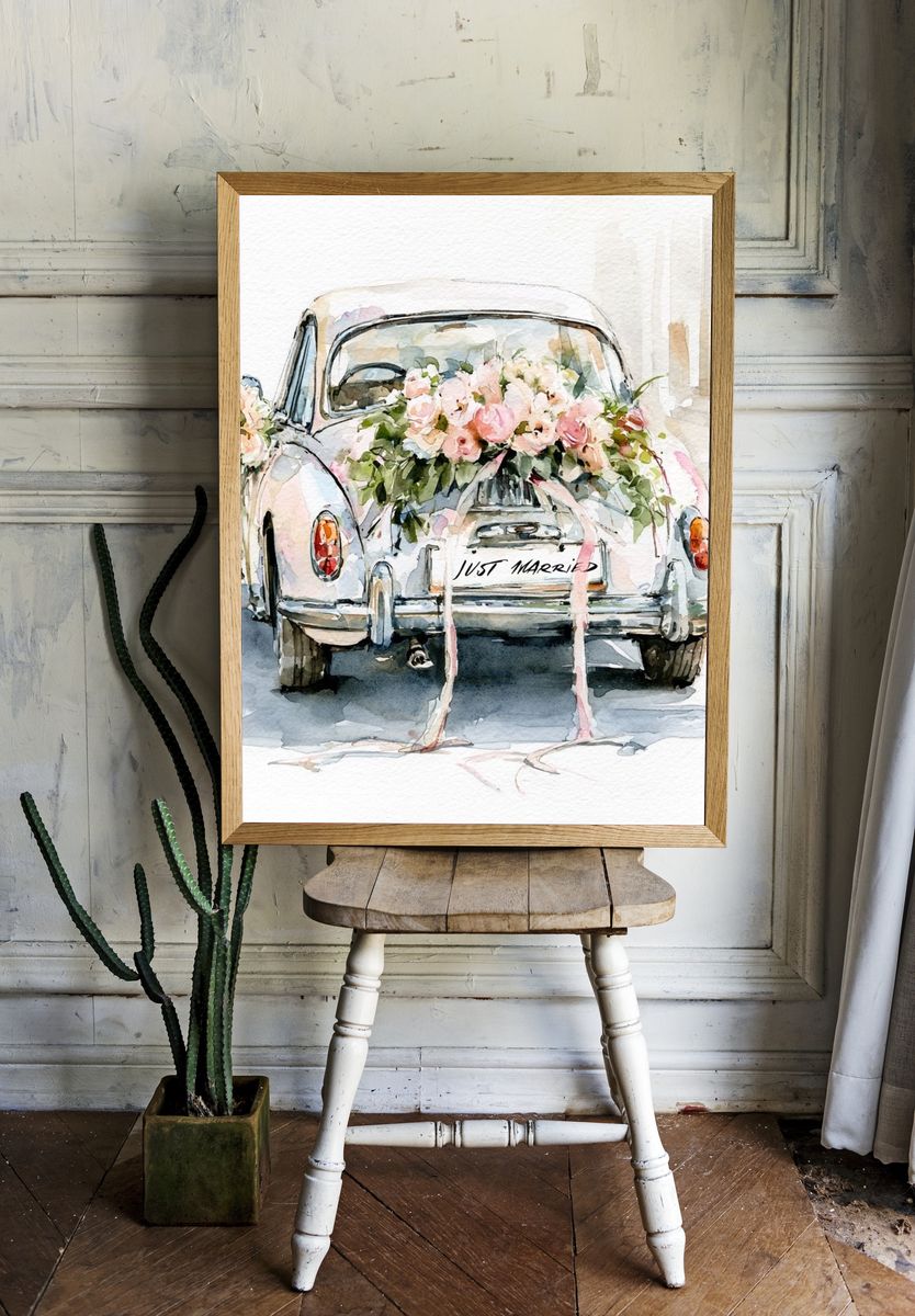 Just Married Vintage Car Poster. room preview