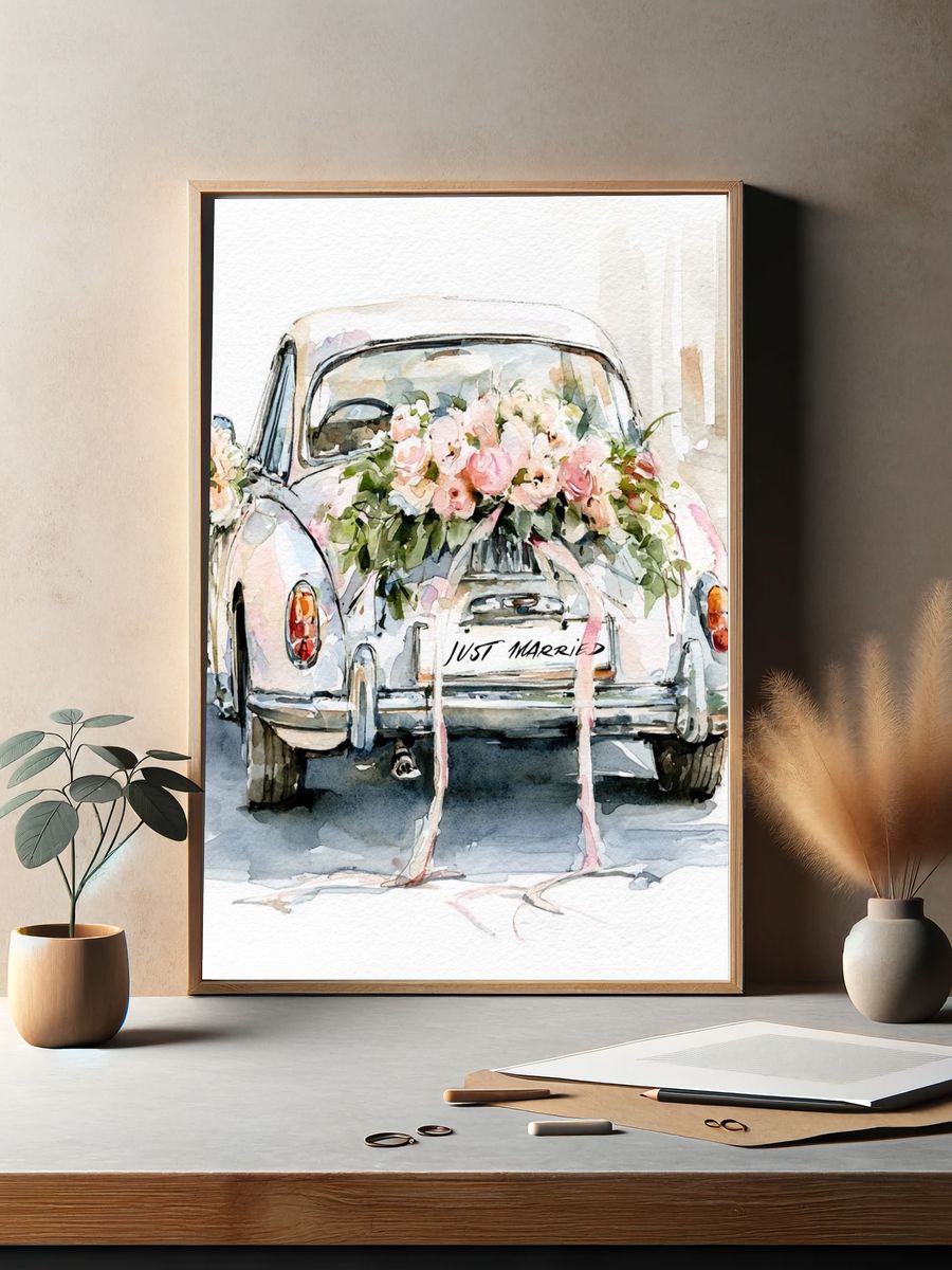 Just Married Vintage Car Poster. — room view 2