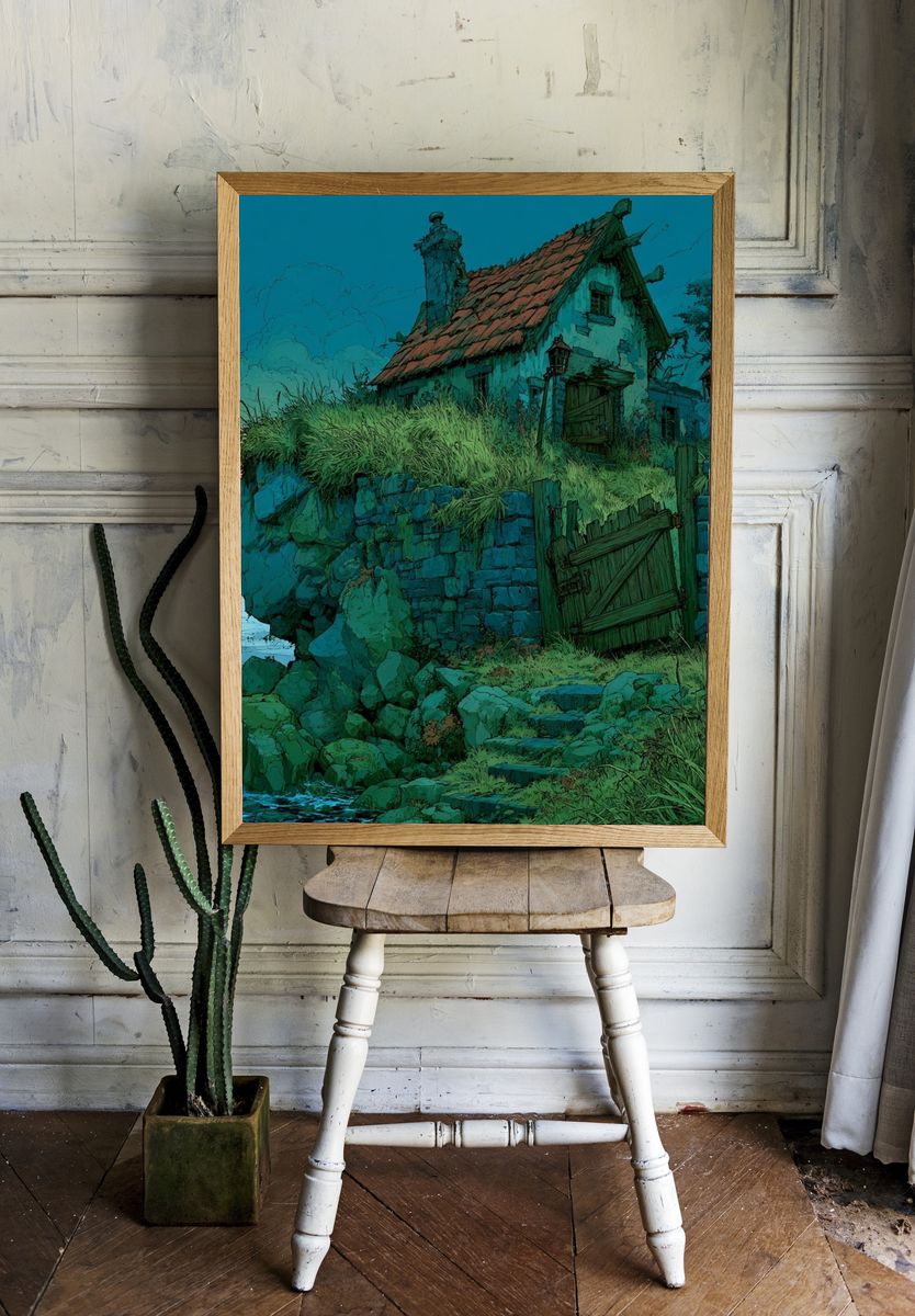 Clifftop Cottage at Dusk Illustration Poster. room preview