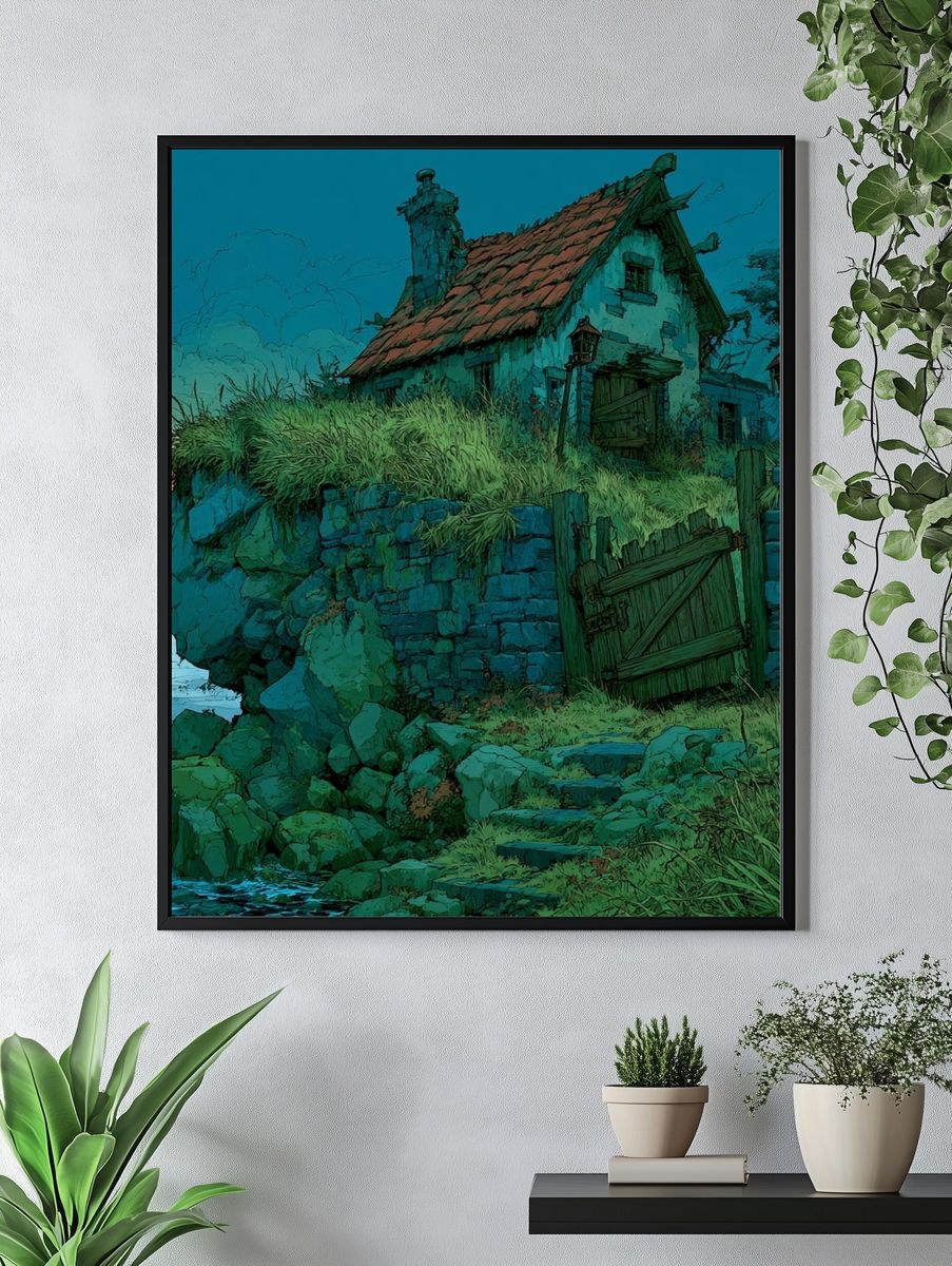 Clifftop Cottage at Dusk Illustration Poster. — room view 4