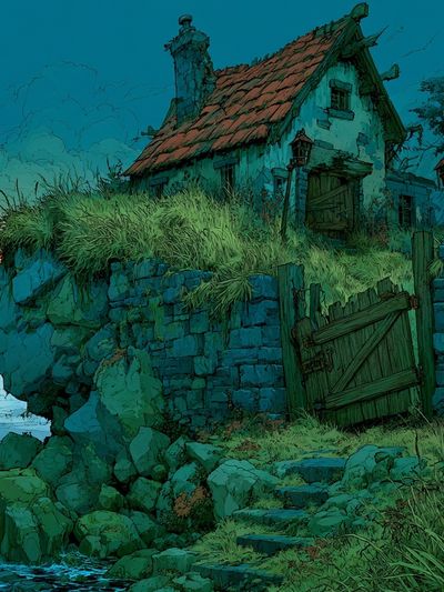 Clifftop Cottage at Dusk Illustration Poster.