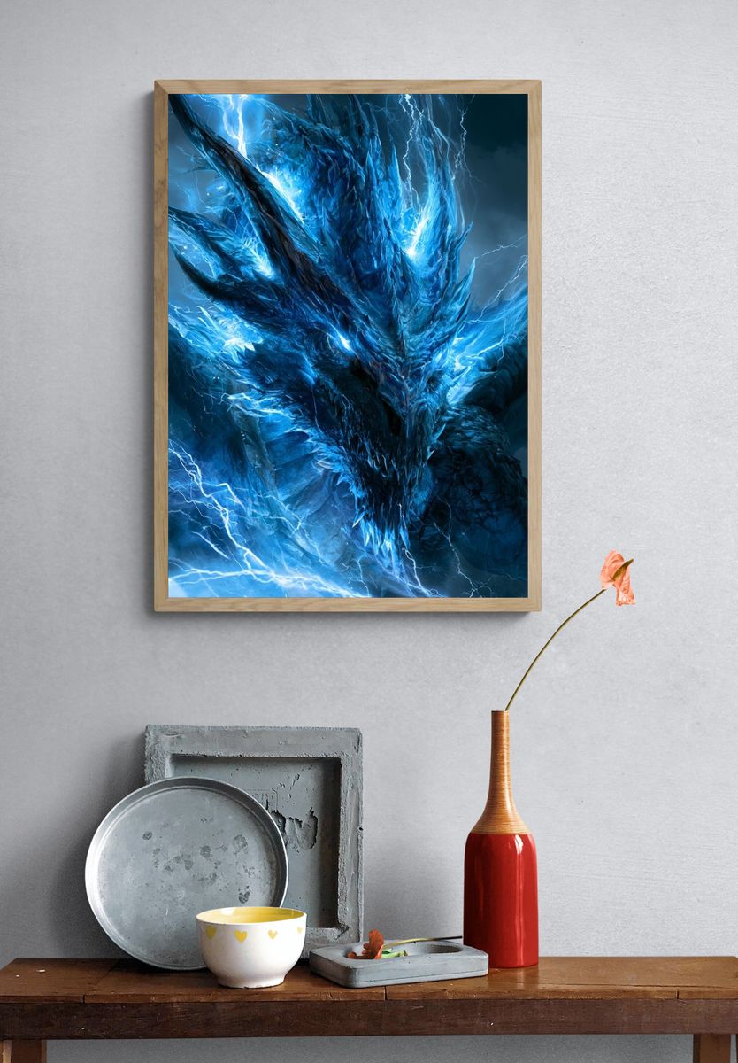 Electric Ice Dragon Illustration Poster. — room view 3