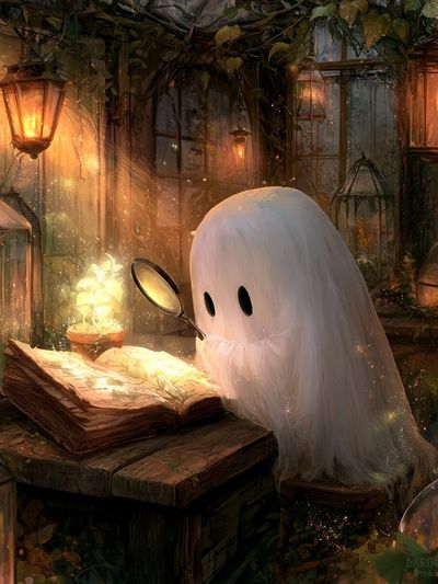 Ghost Reading in Lantern Garden Poster.