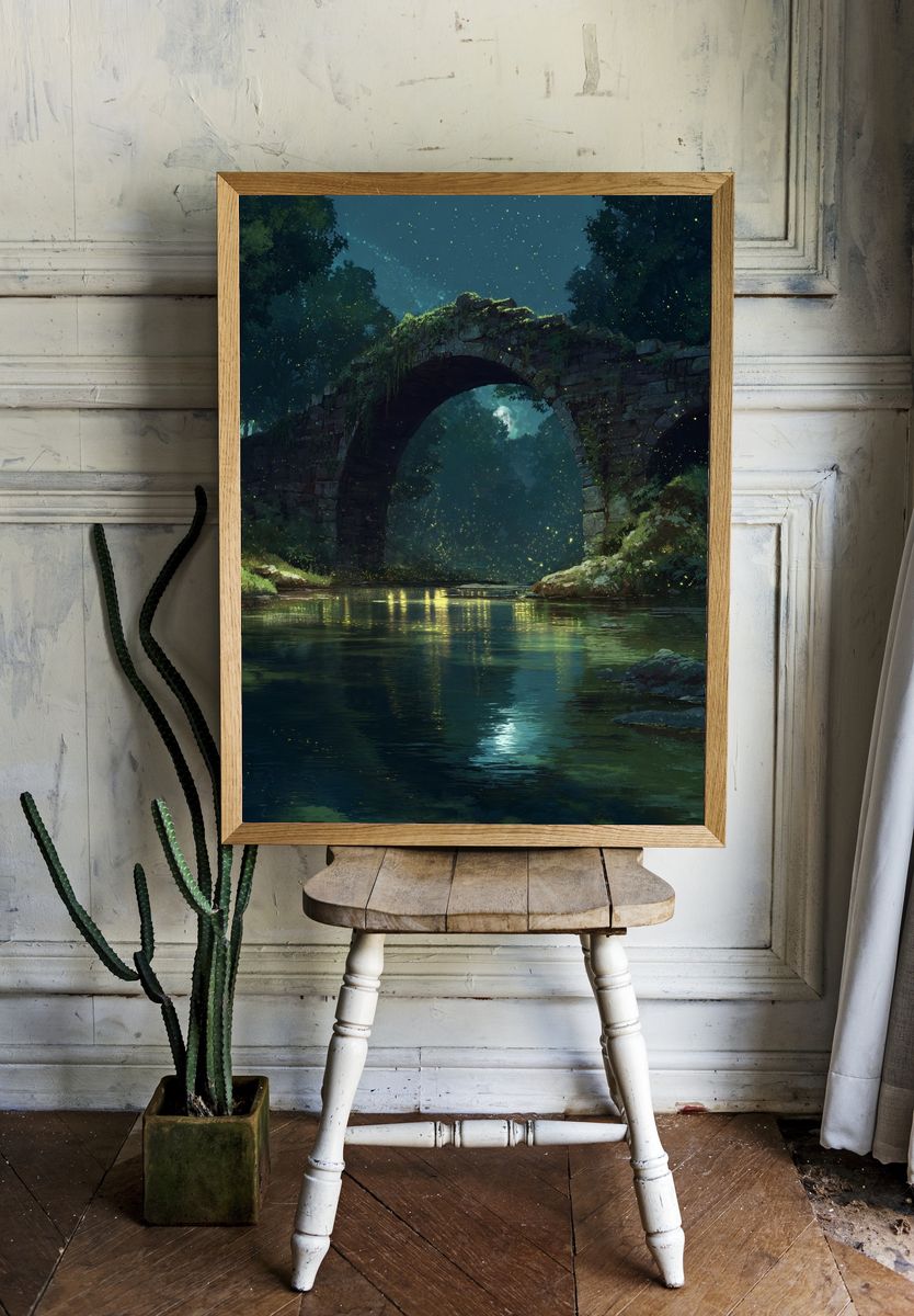 Moonlit Forest Bridge Illustration Poster. — room view 1