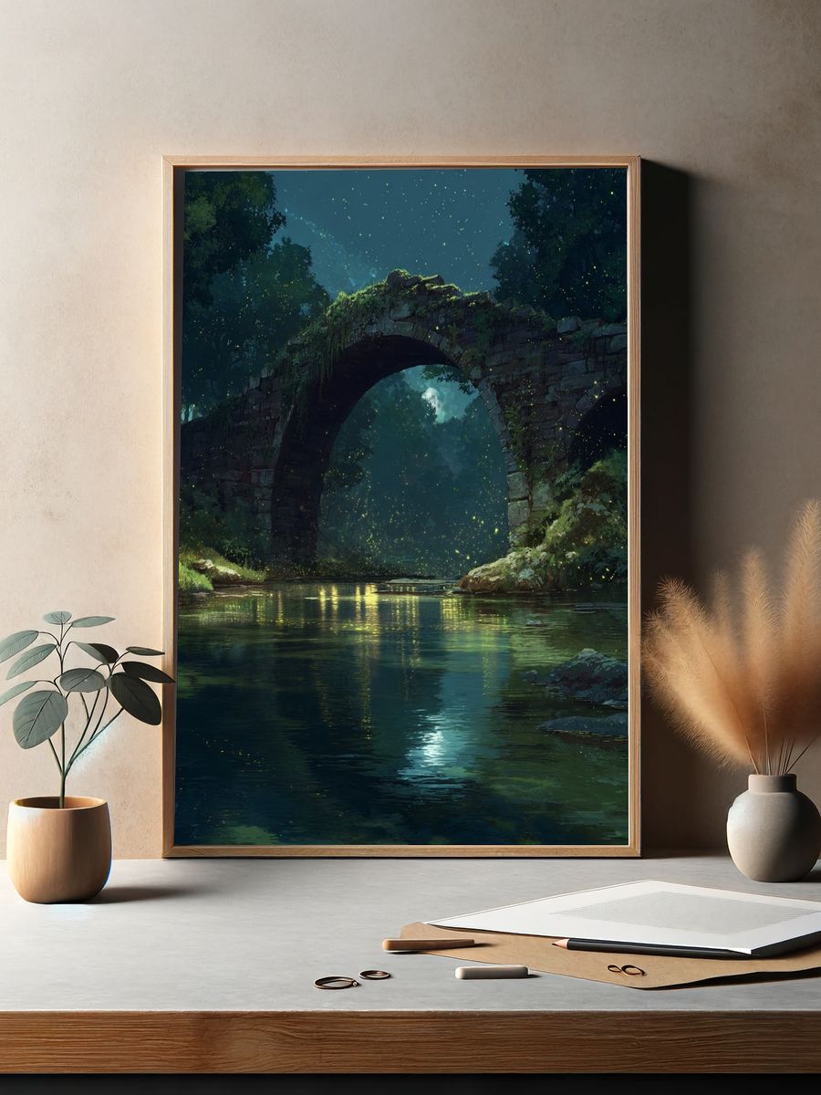 Moonlit Forest Bridge Illustration Poster. — room view 2