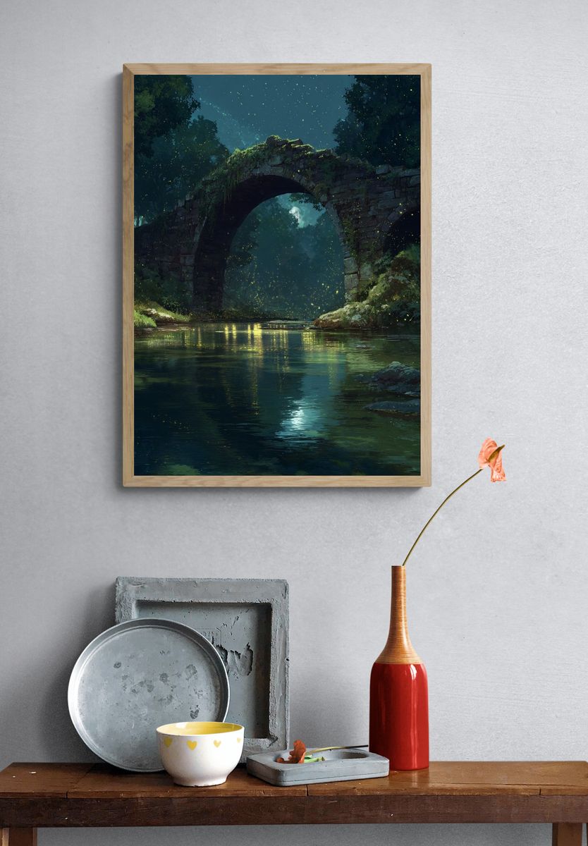 Moonlit Forest Bridge Illustration Poster. — room view 3