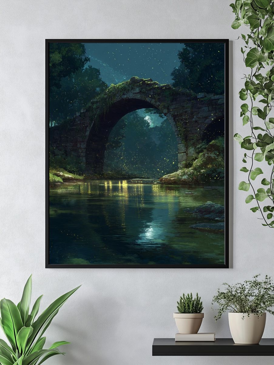 Moonlit Forest Bridge Illustration Poster. — room view 4