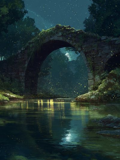Moonlit Forest Bridge Illustration Poster. poster print