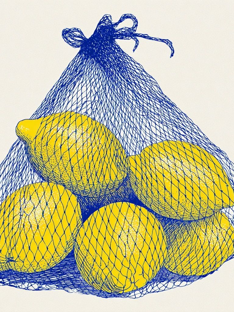 Lemons in Mesh Bag Illustration Poster. poster detail