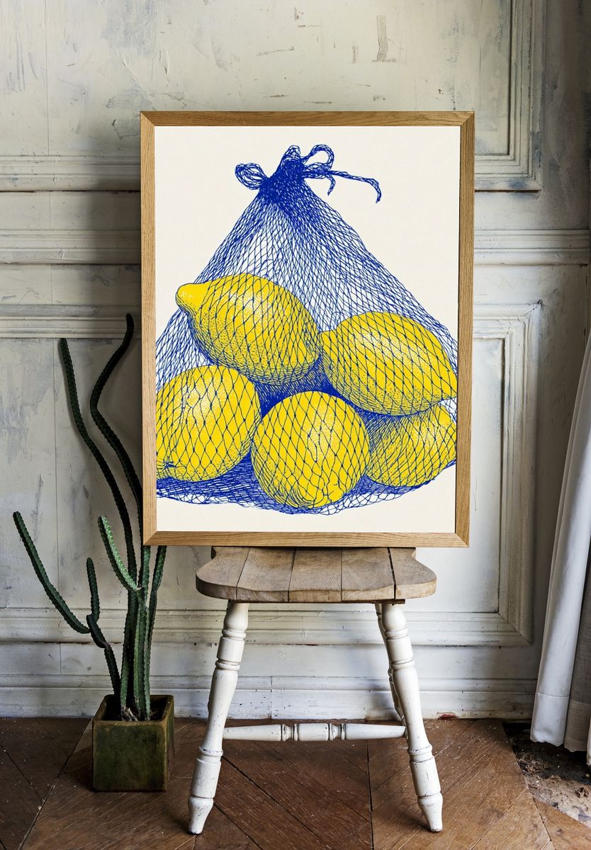 Lemons in Mesh Bag Illustration Poster. — room view 1