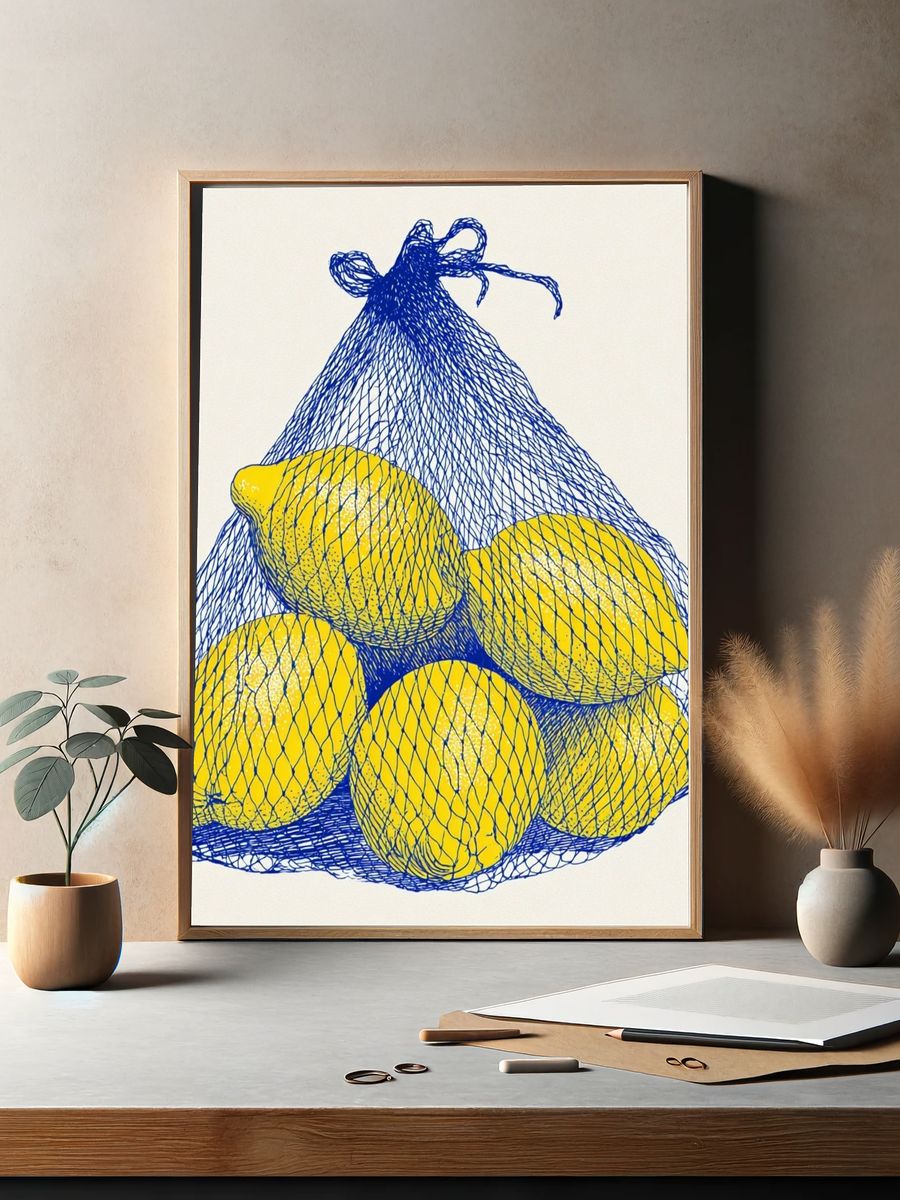 Lemons in Mesh Bag Illustration Poster. — room view 2
