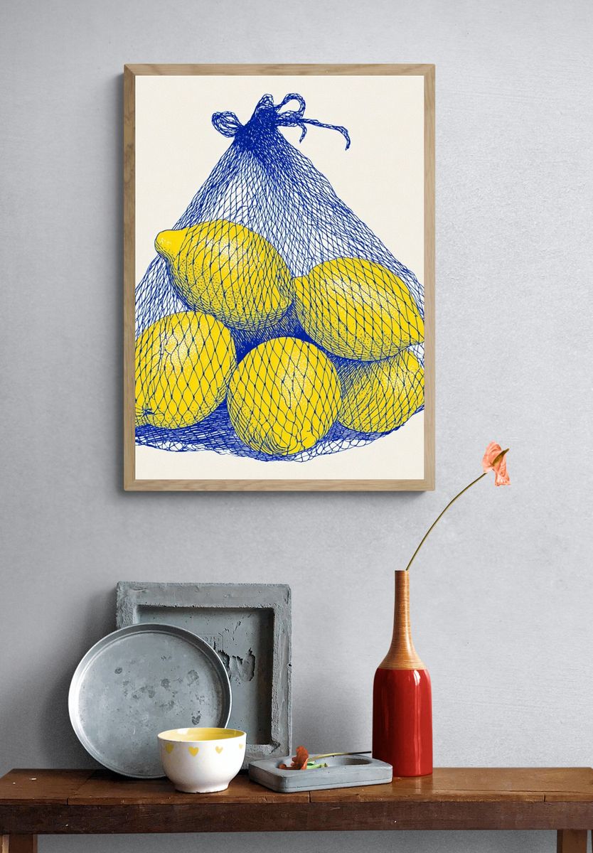 Lemons in Mesh Bag Illustration Poster. — room view 3