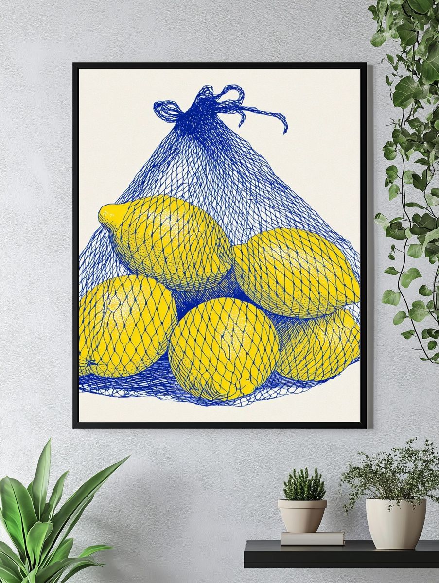 Lemons in Mesh Bag Illustration Poster. — room view 4