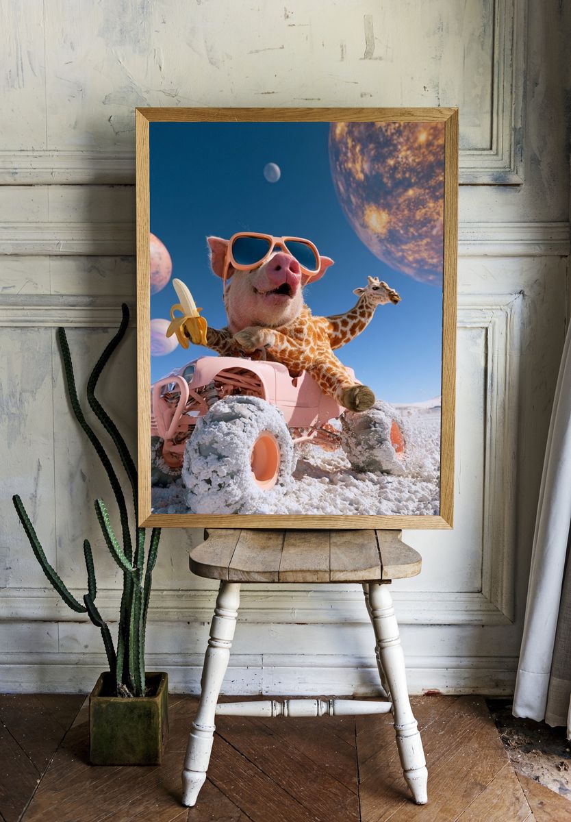 Surreal Pig and Giraffe Moon Poster. — room view 1