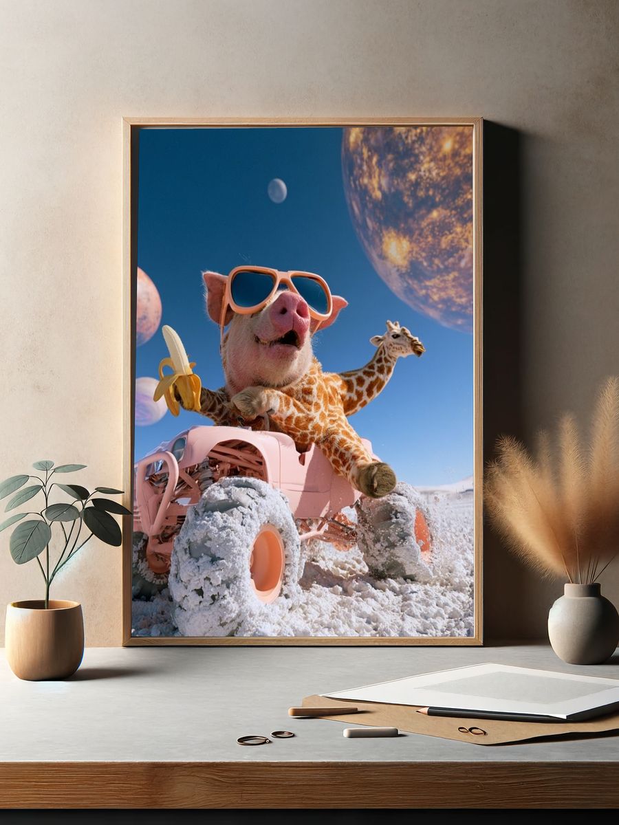 Surreal Pig and Giraffe Moon Poster. — room view 2