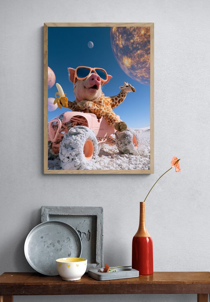 Surreal Pig and Giraffe Moon Poster. — room view 3