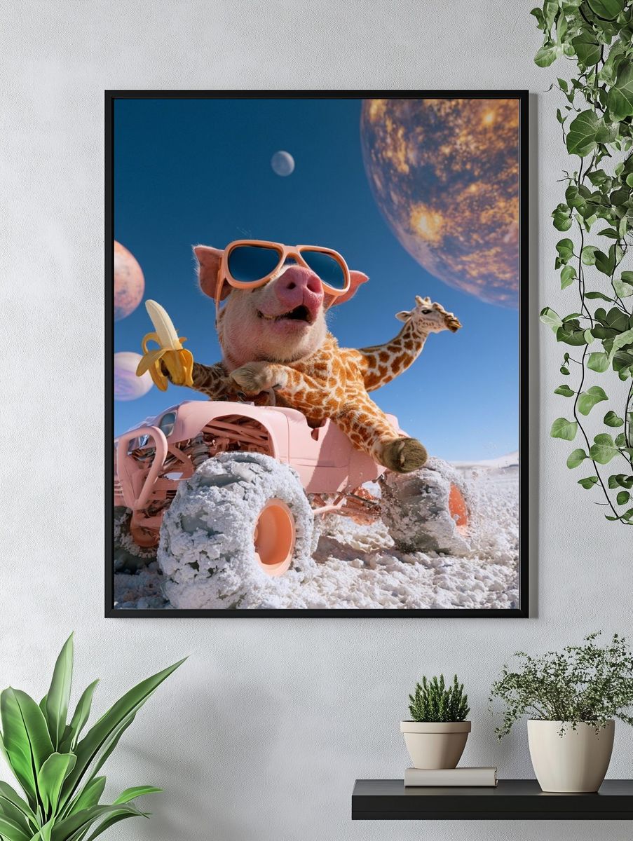 Surreal Pig and Giraffe Moon Poster. — room view 4