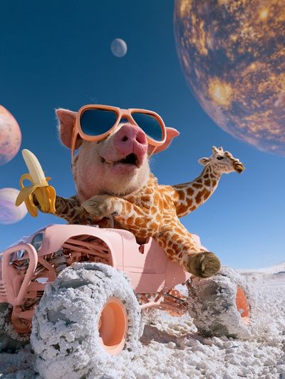 Surreal Pig and Giraffe Moon Poster.
