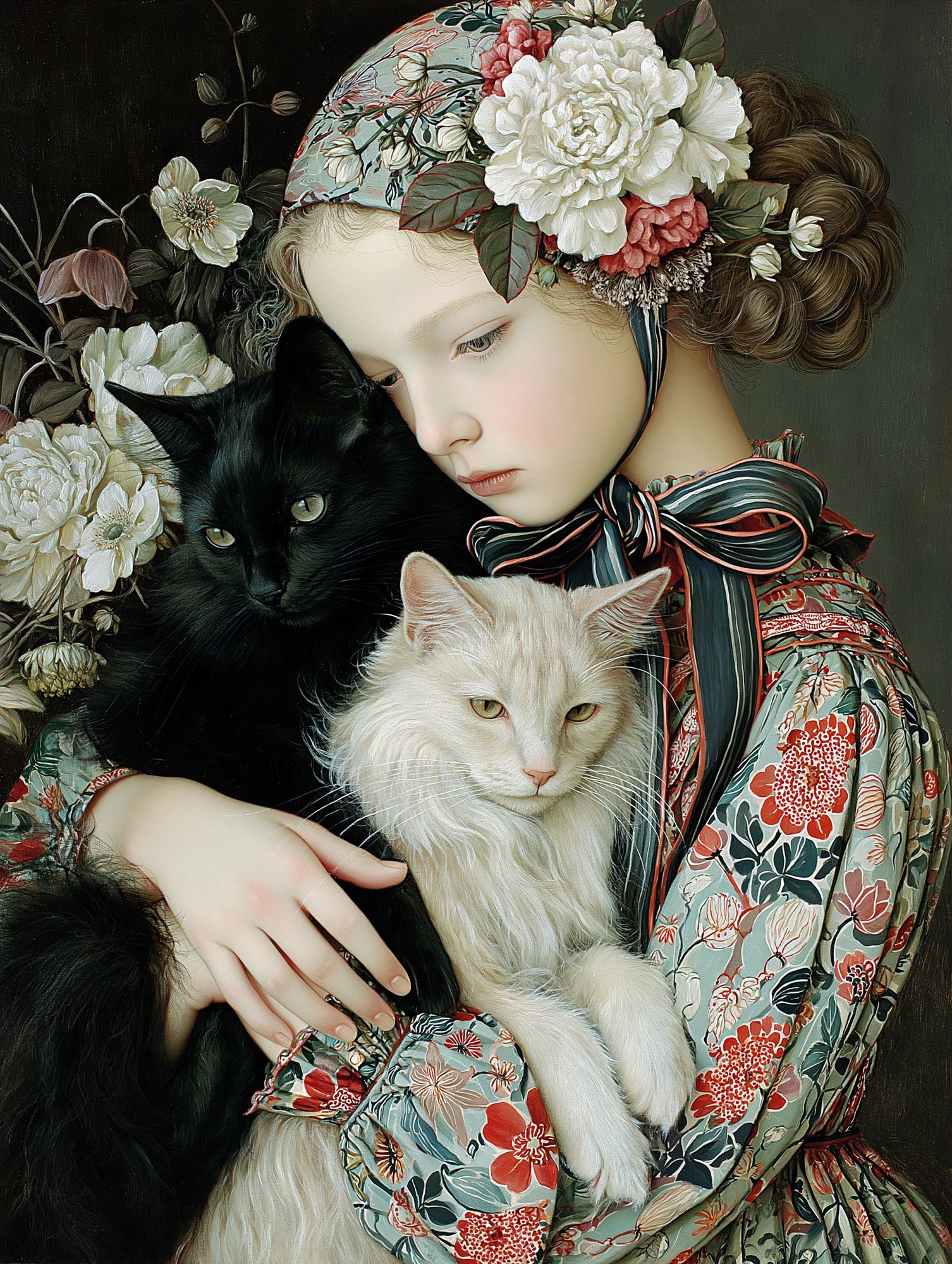 Floral Girl with Cats Illustration Poster. poster detail