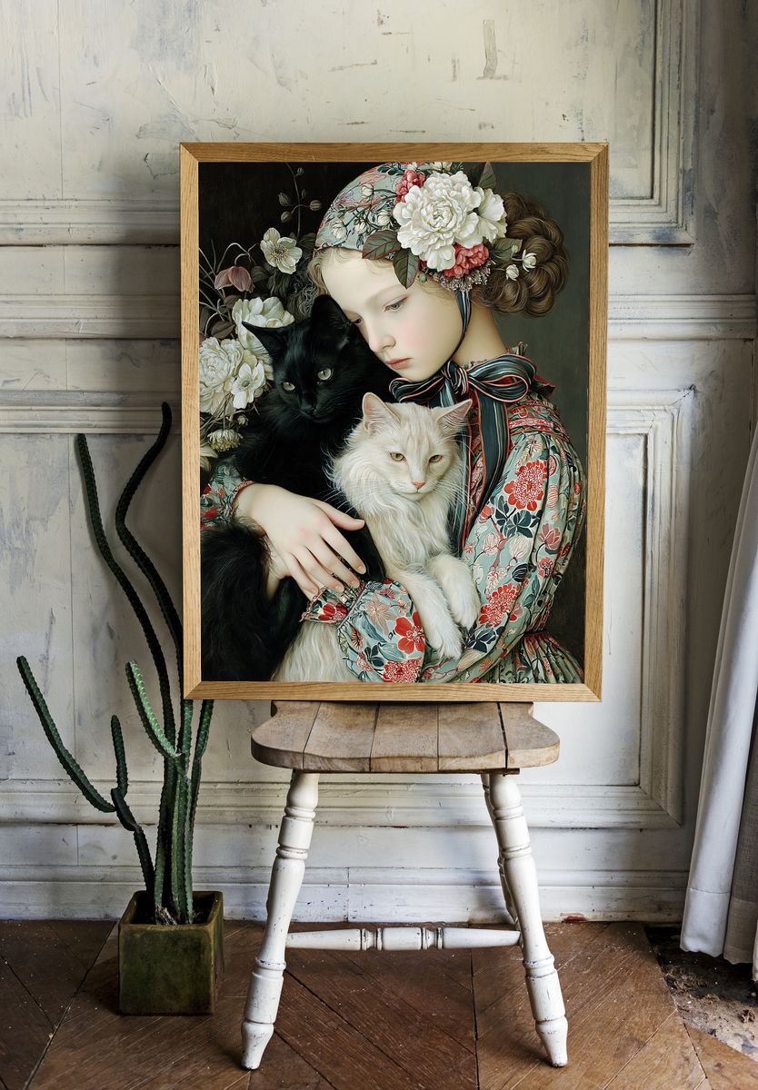 Floral Girl with Cats Illustration Poster. — room view 1