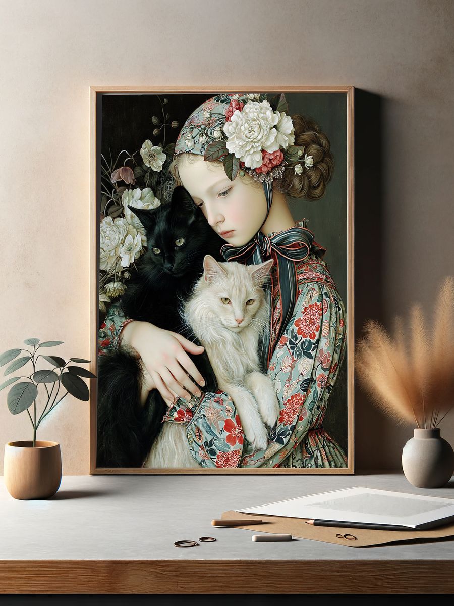 Floral Girl with Cats Illustration Poster. — room view 2