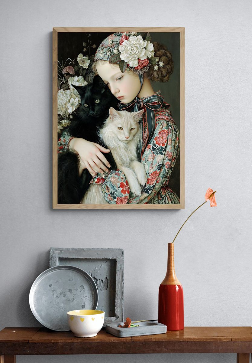 Floral Girl with Cats Illustration Poster. — room view 3