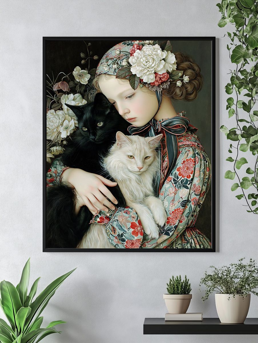 Floral Girl with Cats Illustration Poster. — room view 4