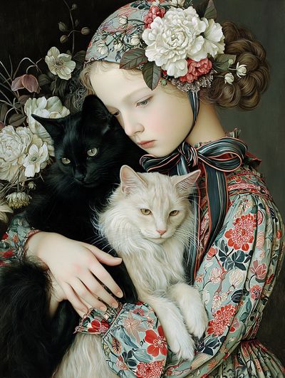 Floral Girl with Cats Illustration Poster.