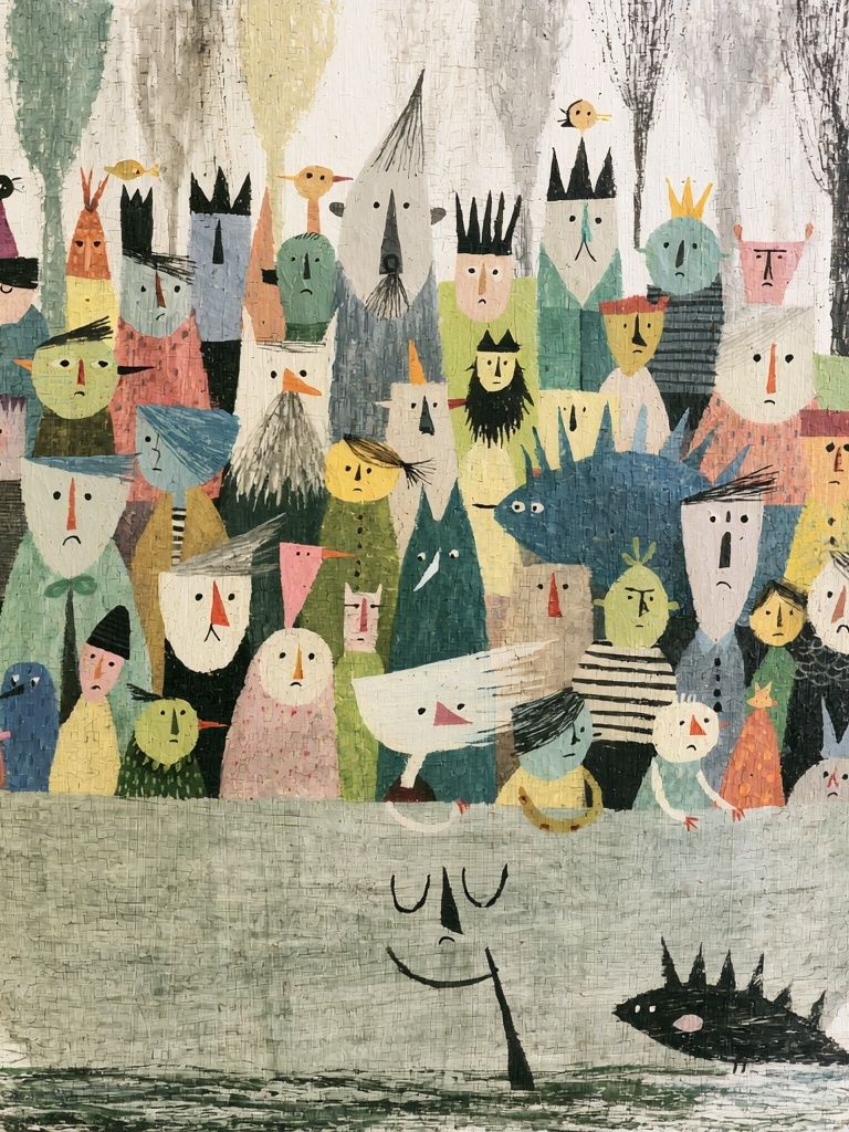 Whimsical Boat Crowd Illustration Poster. poster detail