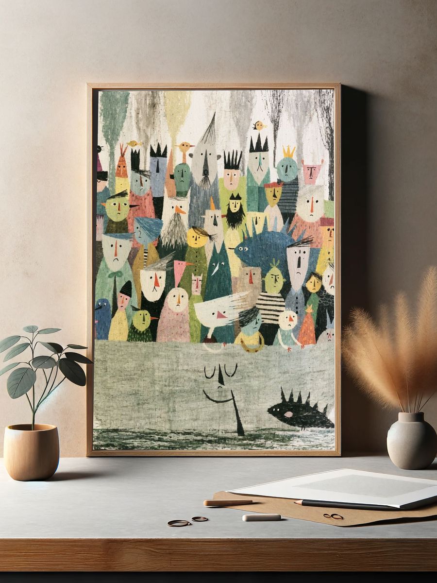 Whimsical Boat Crowd Illustration Poster. — room view 2